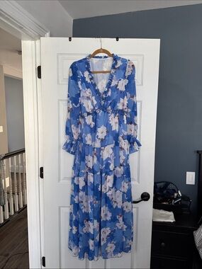 Blue Floral Maxi Dress with Ruffle V-Neck size large